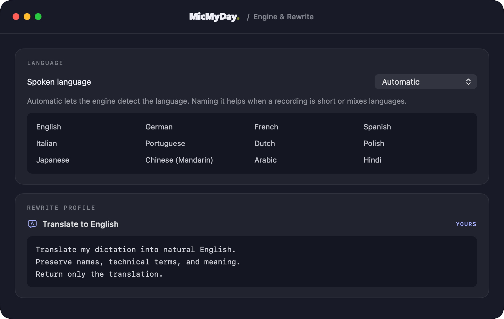 Automatic spoken language selection with example languages and a custom rewrite profile with instructions to translate dictation into English.