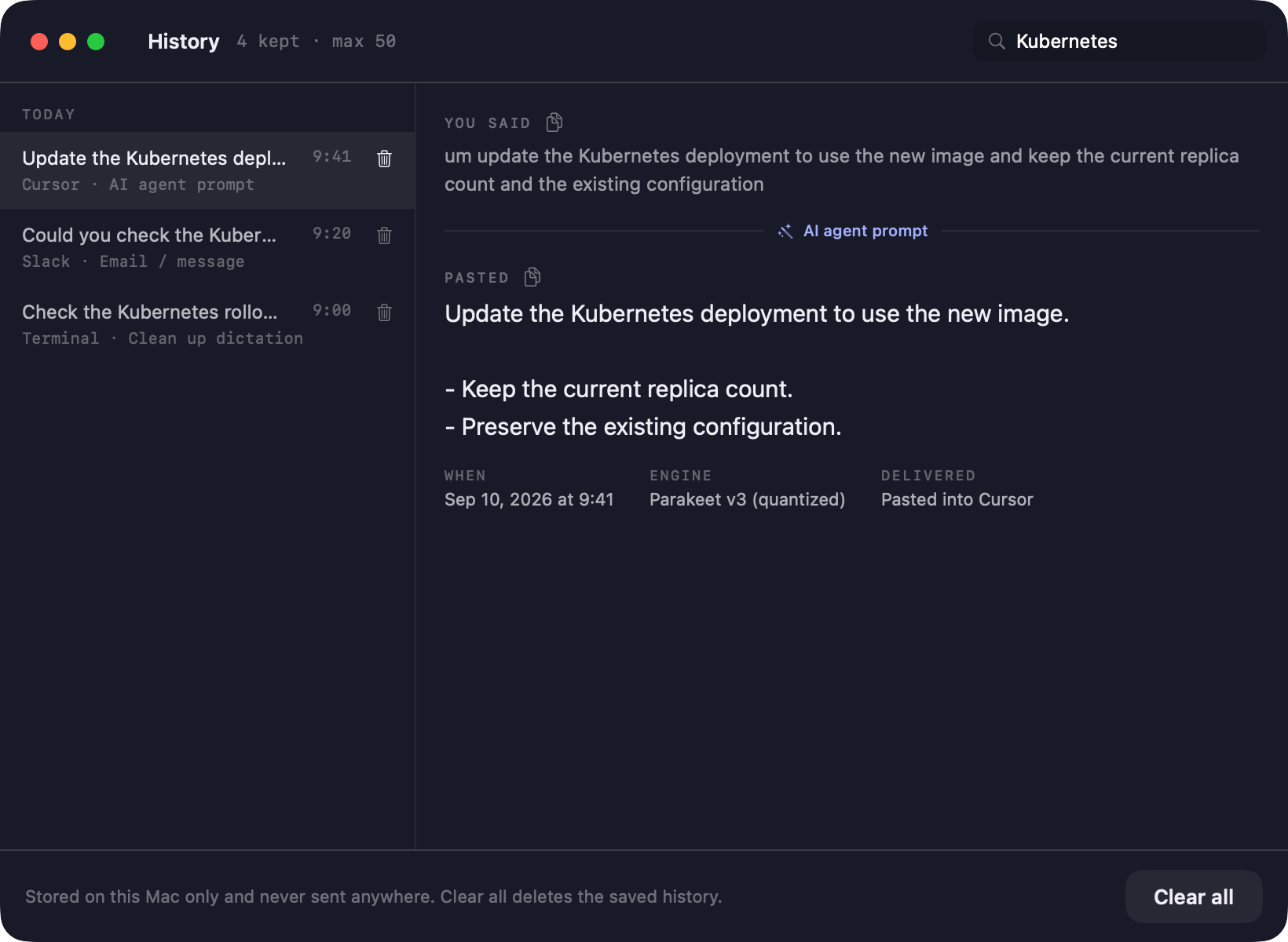 MicMyDay history filtered by Kubernetes, with three matching dictations and the selected original speech and rewritten AI agent prompt.