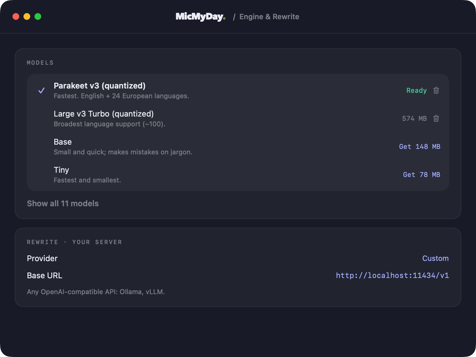 MicMyDay local speech models including Parakeet v3, Large v3 Turbo, Base, and Tiny, alongside a local rewrite server configuration.