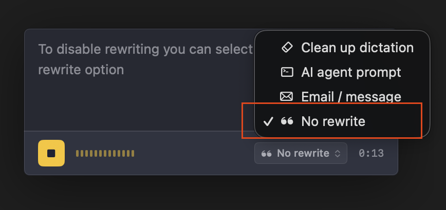 No rewrite selected in the profile picker above the MicMyDay recording overlay