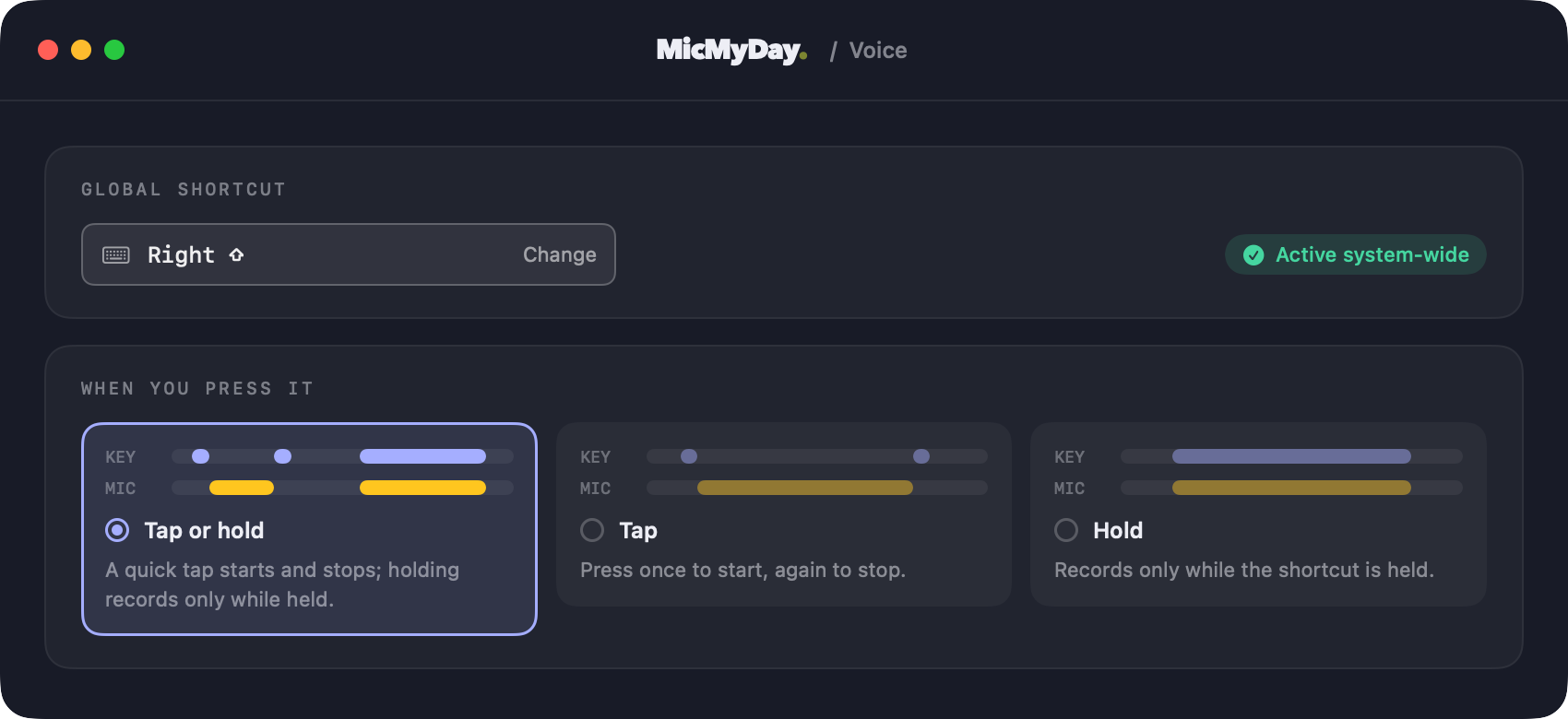 MicMyDay shortcut settings showing Right Shift and key and microphone timelines for Tap or hold, Tap, and Hold modes.